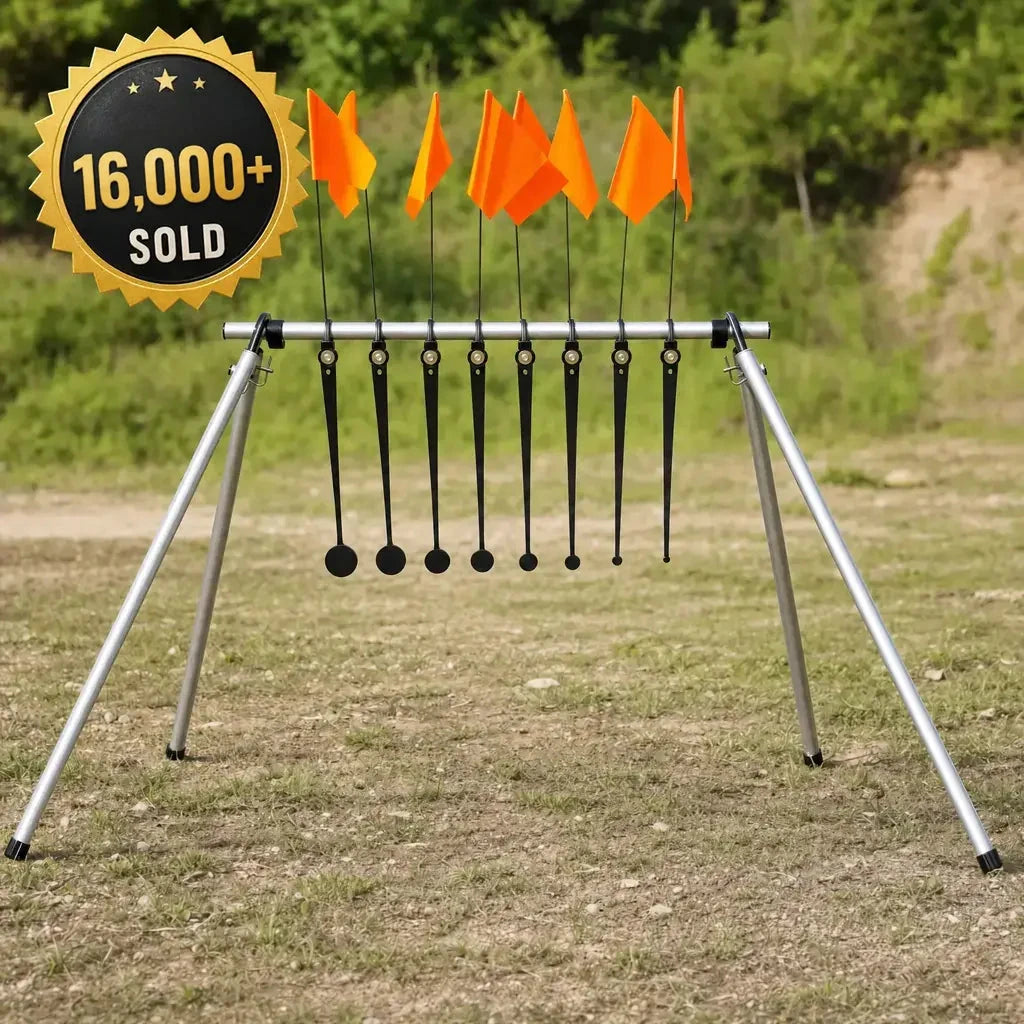 Rimfire Know Your Limits target with orange hit flags on the range, 16,000+ sold